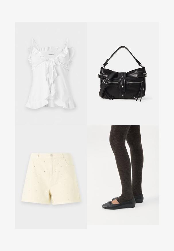 Blouse blanche sans manches avec fines bretelles, bordure à volants, nœud à nouer devant et détail d'ourlet évasé.; Shorts en denim jaunes avec une taille haute et une coupe décontractée, ornés de petits clous en argent éparpillés sur le devant pour un effet de détail.; Jambes portant des leggings côtelés foncés associés à des ballerines noires avec de petits détails en nœud sur fond blanc.; Even&Odd H24462 - Sac à main - black