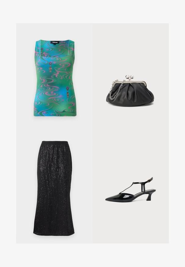 Top sans manches avec un motif tourbillonnant vert et bleu vif, comportant des accents roses et des motifs décoratifs ressemblant à des lanternes.; Jupe noire avec une taille ajustée, ornée de sequins verticaux pour un effet texturé. L'ourlet est légèrement courbé, créant une silhouette élancée.; Chaussure slingback en cuir verni noir à bout pointu avec bride en T et petit talon bloc incliné sur fond blanc.; Porte-monnaie en cuir noir avec texture froncée, cadre en métal argenté, fermeture à verrouillage kiss-lock et bandoulière en chaîne. Surface lisse et douce.