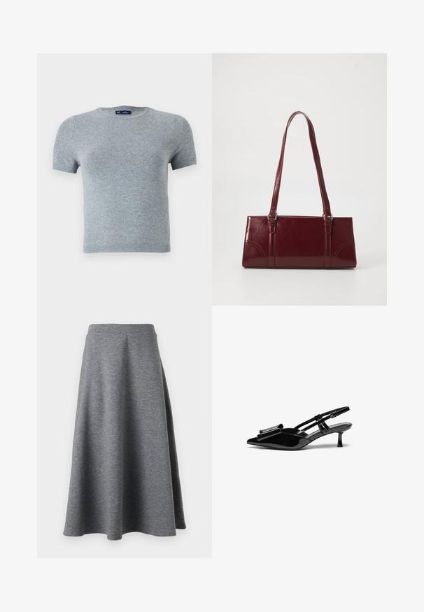 Camiseta gris de manga corta hecha de un suave tejido de punto, con un escote redondo y un diseño ajustado con costuras mínimas y sin patrones.; Falda gris, hasta las rodillas, hecha de un material suave y elástico, con un diseño acampanado y una cinturilla elástica para mayor comodidad.; Zapatos de tacón slingback de charol negro con punta afilada, detalle de lazo en el frente y un pequeño tacón de aguja. Las correas tienen hebillas ajustables.; Bolso burdeos hecho de material brillante, de forma rectangular, con dos asas para el hombro y sutiles acentos curvados en la parte frontal.