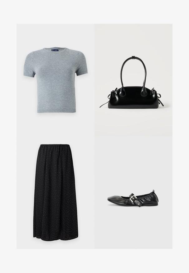 T-shirt gris à manches courtes en tissu tricoté doux, avec un col rond et une coupe ajustée, comportant des coutures minimales et sans motifs.; Jupe noire en tissu léger avec une taille froncée. Elle présente un motif de petits pois blancs sur l'ensemble du tissu.; Chaussure plate en cuir noir avec un nez pointu, des détails froncés autour de l'ouverture et un accent en boucle argentée sur la bride ajustable.; Petit sac à main noir brillant avec deux longues anses et des détails à cordon sur les côtés sur un fond clair uni.