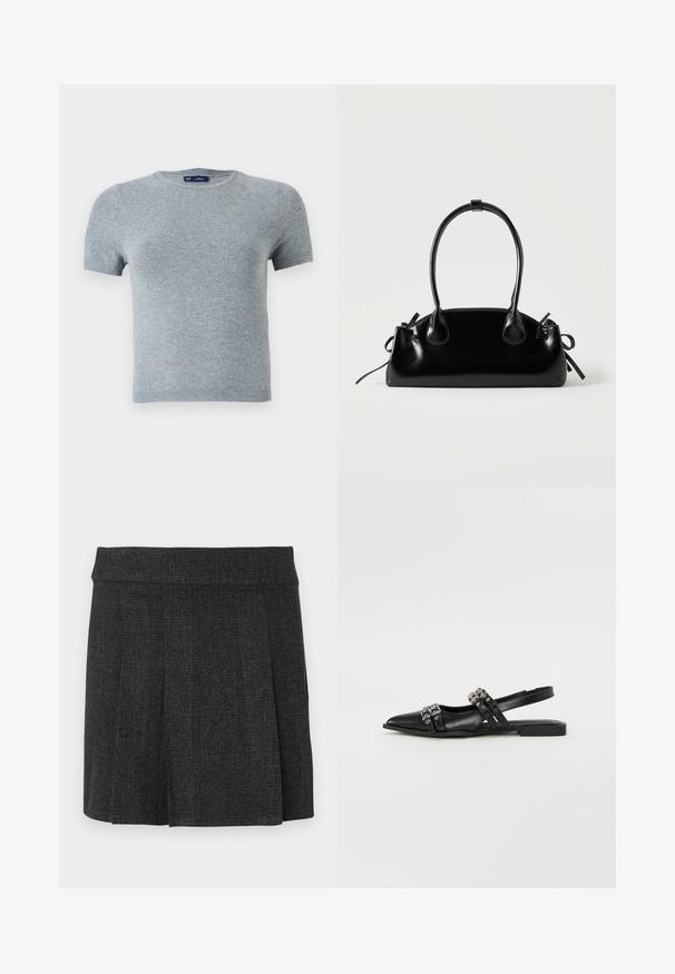 Camiseta gris de manga corta hecha de un suave tejido de punto, con un escote redondo y un diseño ajustado con costuras mínimas y sin patrones.; Falda negra con pliegues hecha de tejido texturizado. Cintura de altura media con líneas limpias. Corte clásico adecuado para diversas ocasiones.; Even&Odd by Zalando Bailarinas con tira trasera - black; Pequeño bolso negro brillante con dos asas largas y detalles de cordón lateral sobre un fondo claro liso.