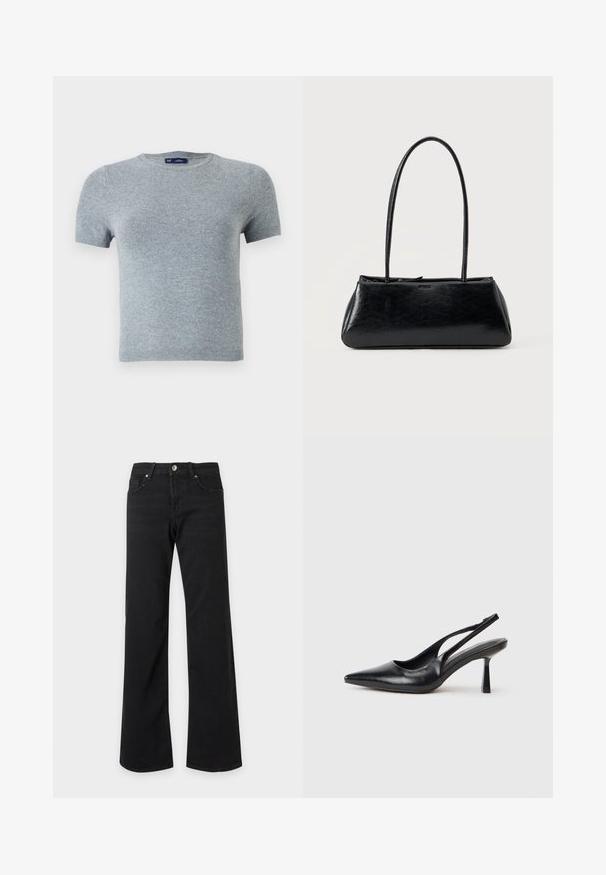 T-shirt gris à manches courtes en tissu tricoté doux, avec un col rond et une coupe ajustée, comportant des coutures minimales et sans motifs.; Jean noir taille haute avec jambes droites et larges, poches avant, passants de ceinture et fermeture par bouton métallique sur fond blanc.; Chaussure à talon haut en cuir noir, à bride arrière, avec un bout pointu et un talon fin sur fond blanc.; Sac à épaule rectangulaire noir avec de longues bretelles fines et une texture lisse et brillante sur un fond uni.