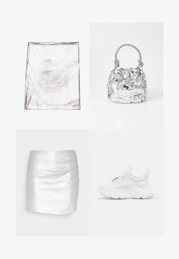 Metallic sølv stof med en glat tekstur og let glans. Rektangulær form, kanter pænt syet, ingen fremtrædende mønstre eller detaljer.; Even&Odd Shorts - silver; Hvide chunky sneakers lavet af læder og mesh-materialer, med en tyk sål, rund tå og dekorative snørebånd. Let teksturerede detaljer.; Rund sølvfarvet håndtaske dækket af refleksive palietter, med et fletnet håndtag og et lille logo på fronten. Generelt glat tekstur.