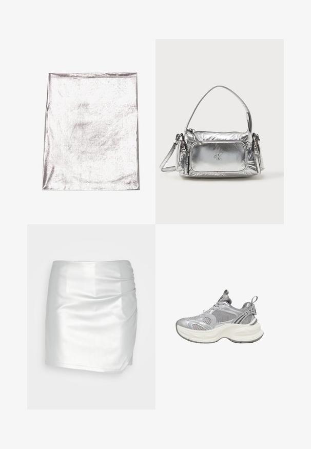 Metallic sølv stof med en glat tekstur og let glans. Rektangulær form, kanter pænt syet, ingen fremtrædende mønstre eller detaljer.; Even&Odd Shorts - silver; Sølv atletiksneakers med øverste del i mesh, rundet sål, strukturerede detaljer og forstærkede accenter for ekstra støtte.; Metallic sølv håndtaske med rektangulær form, toplynlås og frontlomme. Har en kort håndtag og justerbar rem. Struktureret overflade.