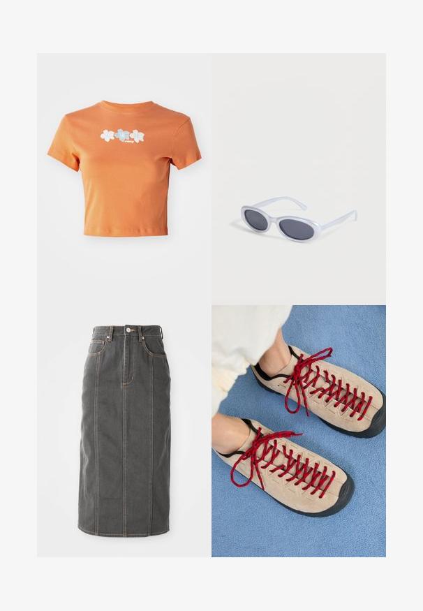 Korte, gecropte oranje t-shirt van katoen met korte mouwen, voorzien van witte en lichtblauwe geborduurde bloemen over de voorkant.; Grijze denim midi-jurk met een rechte snit, vijf zakken en oranje stikken langs de naden. Heeft een knoopsluiting aan de voorkant en riemlussen.; Beige schoenen met rode veters, geplaatst op een blauwe, gestructureerde ondergrond, onthullen gedeeltelijk de enkel van een persoon. De schoenen hebben een sportief ontwerp.; Ovaalvormige zonnebril met wit montuur en donker getinte glazen, liggend op een witte ondergrond.
