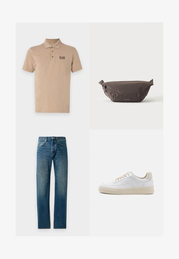 Polo shirt beige clair en coton. Doté d'un col classique, d'une patte de boutonnage à trois boutons, de manches courtes et d'un logo EA7 noir sur la poitrine.; Jeans en denim bleu avec une coupe droite, présentant un style à cinq poches, un léger délavage et des accents de couture contrastants.; Sneaker blanche avec un dessus en cuir lisse, des lacets beige et un onglet de talon en daim beige texturé. Semelle surélevée pour une hauteur supplémentaire.; Sac banane en tissu marron foncé avec poche zippée en diagonale et petit logo blanc sur le devant, sur un fond clair uni.
