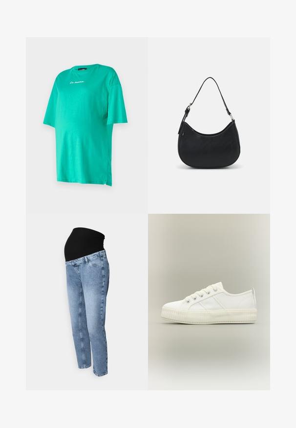 Turquoise oversized T-shirt van zachte katoen met korte mouwen, ronde hals, geborduurd "la mama" detail en zijsplitten voor extra bewegingsvrijheid.; Zwangerschapsjeans met een zwarte rekbare tailleband en lichtblauwe denim. Rechte pijpontwerp met klassieke vijf-pocket stijl en vervaagde was.; Witte lage sneaker met dikke geribde zool, veters aan de voorkant en trek-lus aan de hiel tegen een neutrale achtergrond.; Zwarte hobo tas van soepel leer met een gebogen silhouet, voorzien van een enkele verstelbare schouderriem en minimalistische ontwerpdetails.