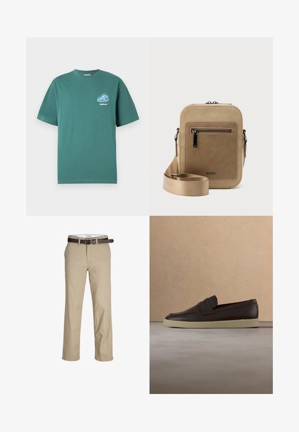 Grünes Baumwoll-T-Shirt mit kurzen Ärmeln, das ein kleines, farbenfrohes Grafikdesign auf der linken Brust zeigt. Leicht, reguläre Passform.; Beige Baumwollhosen mit geradem Schnitt, ausgestattet mit Gürtelschlaufen, einem braunen Ledergürtel und einem klassischen Design. Glatte, robuste Textur.; Dunkelbrauner Lederloafer mit cremefarbener Sohle, schwebend über beigem strukturiertem Teppich, rundem Holztisch und gestapelten Büchern im Hintergrund.; Kleine beige Umhängetasche mit vorderer Reißverschlusstasche, metallischem ALDO-Logo, verstellbarem breitem Riemen und abgerundeter rechteckiger Form vor weißem Hintergrund.