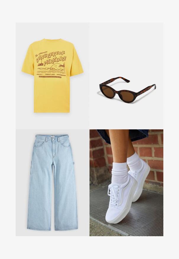 T-shirt en coton jaune avec un motif graphique comprenant le texte « Sunseekers Paradise » et des éléments de plage. Manches courtes et col rond.; Jean en denim bleu clair à jambes larges avec poches avant, passants de ceinture et boucles latérales pour outils, posé à plat sur un fond gris.; Baskets en toile blanches avec semelles en caoutchouc, dotées de six œillets, d'un bout rond et de détails de couture légers, portées avec des chaussettes blanches mi-mollet.; Lunettes de soleil en écaille de tortue marron avec une forme vintage de lunettes cat-eye et des verres marron. Présente des branches courbées avec des accents rouges.