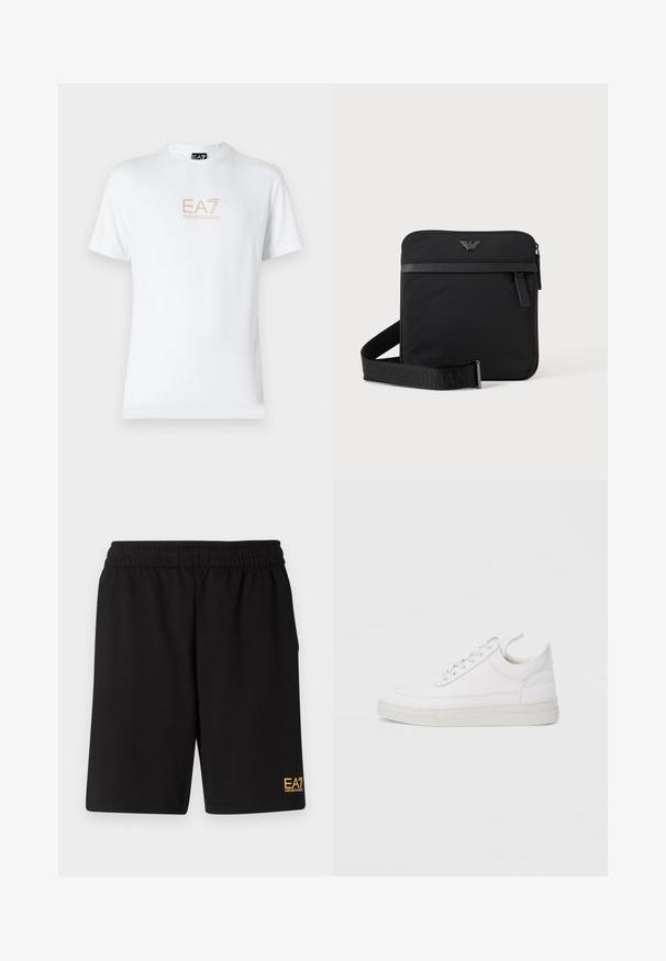 Hvid bomulds t-shirt med rund halsudskæring og korte ærmer, prydet med et gold EA7 Emporio Armani logo trykt på forsiden.; Sorte atletiske shorts lavet af blødt stof, med en elastisk talje og et lille gult EA7-logo nederst på venstre ben.; Hvid lædersneaker med rundet tå, flad sål og snørebånd foran. Har syningsdetaljer og polstret krave for komfort.; Sort firkantet skuldertaske med lynlås, frontlomme og justerbar rem med præget brandnavn.