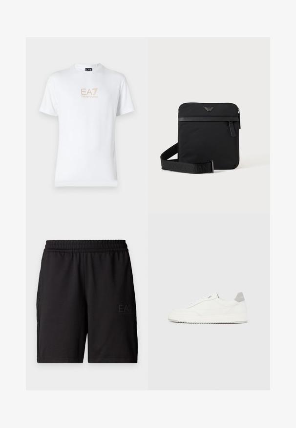 Valkoinen puuvillapaita, jossa on pyöreä kaula-aukko ja lyhyet hihansuut. Paidassa on etupuolella kultainen EA7 Emporio Armani -logo.; Musta urheilushortsit, jotka on valmistettu kevyestä kankaasta. Shortsien vyötäröllä on joustava resori ja sivuilla verkkokankaiset paneelit. Brändilogo on painettu etuosaan.; Valkoinen matala lenkkikenkä, jossa harmaa kantapääosa, valkoiset nauhat ja kuvioitu pohja, esillä yksinkertaisella vaalealla taustalla.; Musta neliönmuotoinen olkalaukku vetoketjulla, etutaskulla ja säädettävällä olkahihnalla, jossa kohokuvioitu merkkituotteen nimi.