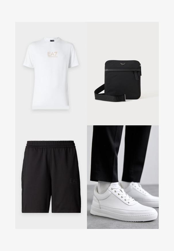 Witte katoenen t-shirt met een ronde halslijn en korte mouwen, voorzien van een gouden EA7 Emporio Armani-logo op de voorkant.; Zwarte sportshorts van lichtgewicht stof, met een elastische tailleband en zijpanelen van mesh. Merklogo gedrukt op de voorkant.; Witte leren sneakers met een platte rubberen zool, met een soepele afwerking, ronde neus en metalen oogjes voor de veters. Draag ze met een zwarte broek.; Zwarte vierkante schoudertas met ritssluiting, voorvak en verstelbare band met geperste merknaam.