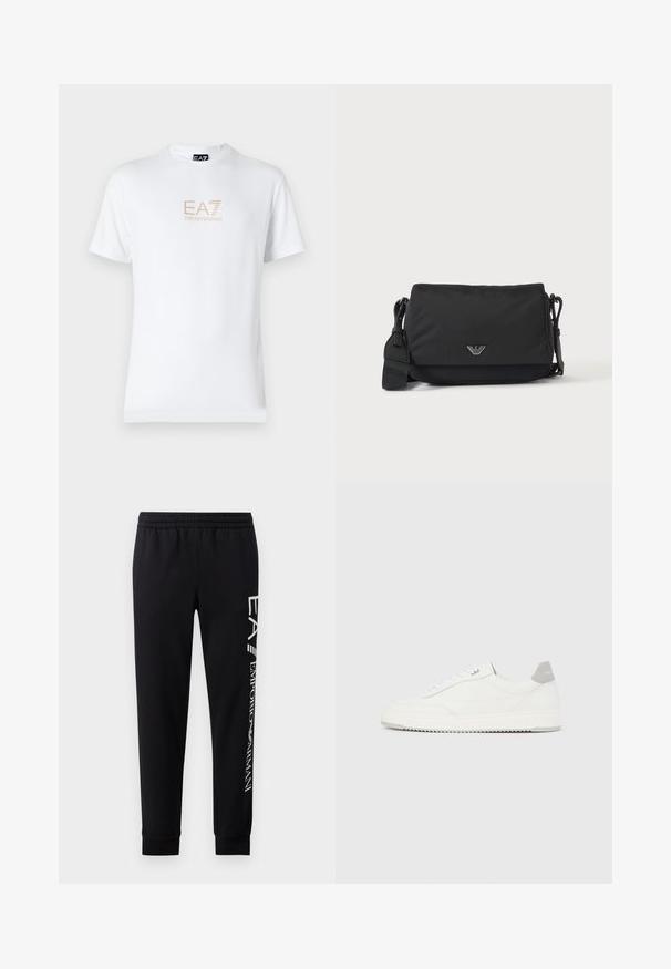 Witte katoenen t-shirt met een ronde halslijn en korte mouwen, voorzien van een gouden EA7 Emporio Armani-logo op de voorkant.; Zwarte sweatpants van een katoenmix, met een elastische tailleband, taps toelopende benen, ribgebreide boorden en een wit logo-opdruk langs de zijkant.; Witte lage sneaker met grijze hielpatch, witte veters en een gestructureerde zool, gepresenteerd op een effen lichte achtergrond.; Zwarte crossbodytas met verstelbare band en klein zilverkleurig logo-embleem op de voorflap, afgebeeld op een effen lichte achtergrond.