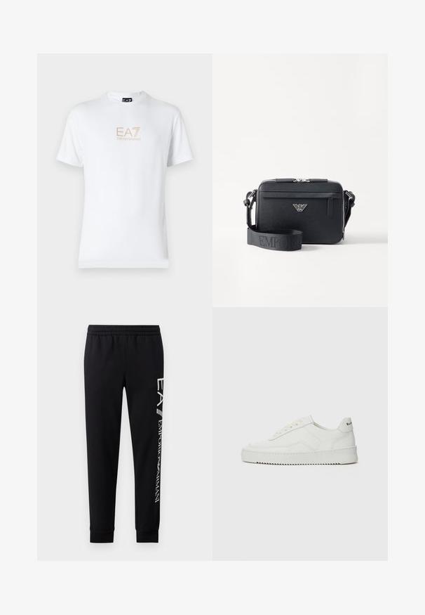 Valkoinen puuvillapaita, jossa on pyöreä kaula-aukko ja lyhyet hihansuut. Paidassa on etupuolella kultainen EA7 Emporio Armani -logo.; Mustat collegehousut, jotka on valmistettu puuvillasekoitteesta, elastisella vyötärönauhakkeella, kapenevilla lahkeilla, ribbien hihansuilla ja valkoisella logopainatuksella sivussa.; Valkoinen nahkakenkä, jossa on sileä pinta, pyöreä kärki, tasaiset nauhat ja teksturoitu pohja. Sisältää huomaamattoman logon kantapäässä.; Musta olkalaukku, joka on valmistettu teksturoidusta materiaalista. Varustettu vetoketjulla, etupuolella vetoketjullinen tasku ja metallinen logokoriste. Mukana säädettävä olkahihna.