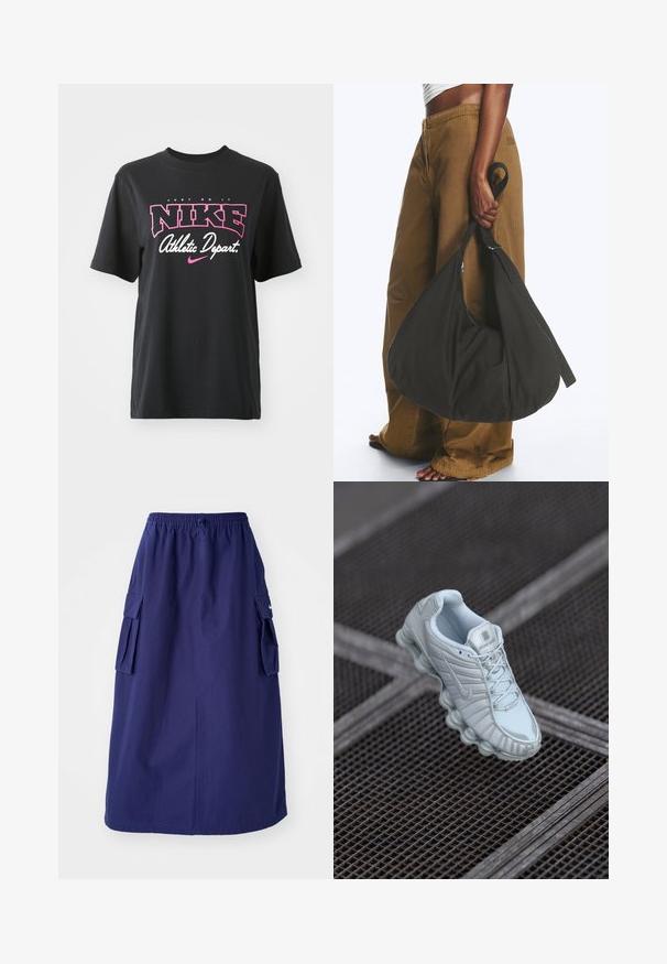 Schwarzes Baumwoll-T-Shirt mit einem grafischen Druck in Pink und Weiß, mit dem Text "JUST DO IT", "NIKE" und "Athletic Depart." Standardpassform.; Marineblaue, knielange Rock mit elastischem Bund, der über zwei seitliche Cargotaschen und ein minimales Logodesign verfügt. Glatte Stoffoberfläche.; Helles blaues Sportschuh mit einer strukturierten Oberseite, ausgestattet mit einer abgerundeten Sohle mit zylindrischen Elementen und einem auffälligen Logo auf der Zunge.; Person trägt braune weite Hose und weißes Oberteil und hält eine große schwarze weiche Handtasche an der Seite am Trageriemen.