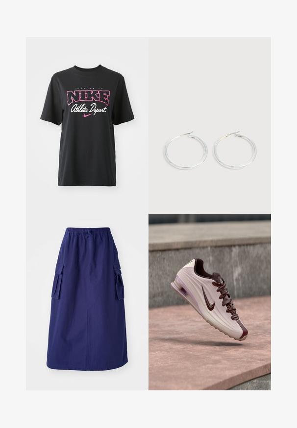 Čierne bavlnené tričko s grafickým potlačou v ružovej a bielej farbe s textom "JUST DO IT", "NIKE" a "Athletic Depart". Štandardný strih.; Námornícky modrá sukňa strednej dĺžky s elastickým pásom, ktorá má dve bočné cargo vrecká a minimálnu logotlač. Hladká textúra látky.; Svetlobéžová a hnedá teniska Nike s viditeľnou vzduchovou podrážkou, ktorá lebúne nad kamenným povrchom v vonkajšom mestskom prostredí.; Pár lesklých strieborných kruhových náušníc s tenkými drôtenými zapínaniami, zobrazených na svetlo šedom pozadí.