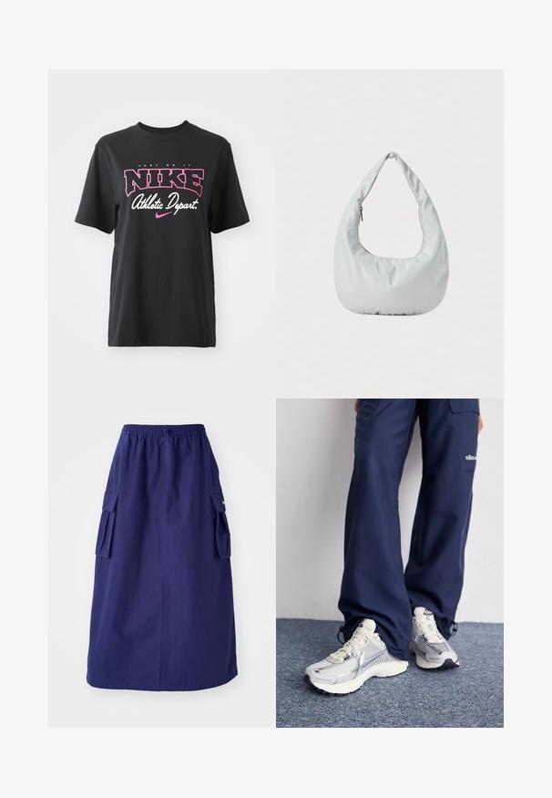 Čierne bavlnené tričko s grafickým potlačou v ružovej a bielej farbe s textom "JUST DO IT", "NIKE" a "Athletic Depart". Štandardný strih.; Námornícky modrá sukňa strednej dĺžky s elastickým pásom, ktorá má dve bočné cargo vrecká a minimálnu logotlač. Hladká textúra látky.; Športové topánky Nike s strieborným sieťovaným zvrškom, bielymi detailmi a textúrovanými podrážkami, skombinované s voľnými námorníckymi nohavicami.; Mäkká, svetlošedá hobo taška vyrobená z syntetického materiálu. Obsahuje jeden polstrovaný popruh a bočné vrecko so zipsom.