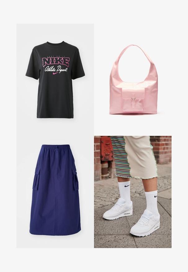 Sort bomulds T-shirt med grafisk print i pink og hvid med teksten "JUST DO IT," "NIKE," og "Athletic Depart." Standard pasform.; Marineblå, mellemlang nederdel med elastisk talje, der har to sidelommer og et minimalistisk logodesign. Glat stofstruktur.; Hvide Nike Air Max 90 sneakers med mesh og læderoverdel, der har en synlig luftenhed, parret med hvide ribbede sokker med sort logo.; Lyserød håndtaske med en blank finish, stor skulderrem, forlommer med dekorativ spænde detalje. Glat tekstur, minimalistisk design.