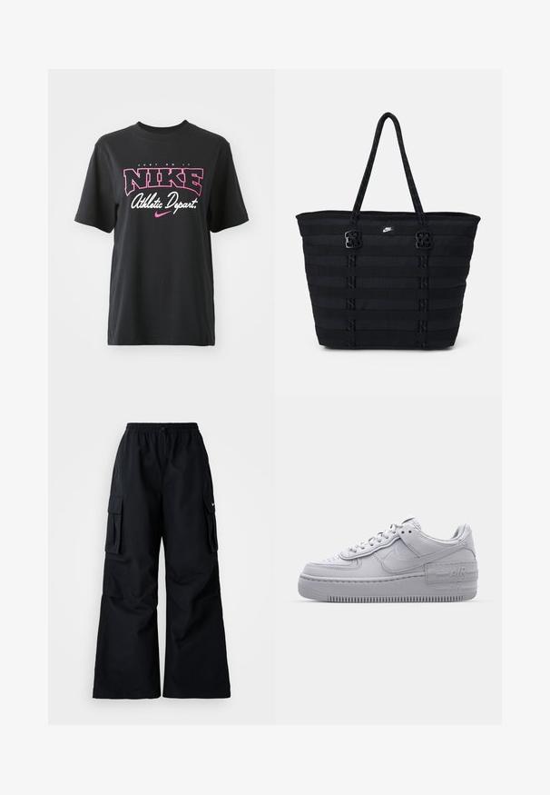 Camiseta de algodón negra con un estampado gráfico en rosa y blanco que incluye el texto "JUST DO IT", "NIKE" y "Departamento Deportivo". Corte estándar.; Pantalones cargo negros de pierna ancha, con cinturilla elástica, cordón ajustable y dos bolsillos laterales. Hechos de un tejido suave y ligero.; Zapatilla Nike Air Force 1 gris con puntera perforada, parte superior de cuero suave, suela gruesa y detalle en relieve 'AIR' en el talón.; Bolso tote de nailon negro con diseño de cintas horizontales, asas dobles y dos acentos decorativos de hardware. Pequeño logotipo en la parte frontal.