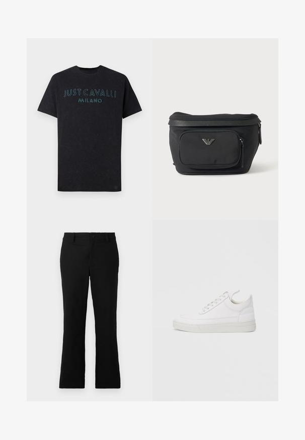 Schwarzes Baumwoll-T-Shirt mit der Aufschrift "JUST CAVALLI MILANO" in leuchtend blauer Stickerei auf der Brust, mit Rundhalsausschnitt und lockerer Passform.; Schwarze, weit geschnittene Hosen aus einem Baumwollgemisch, mit einem Knopfverschluss, Gürtelschlaufen und einer glatten Textur ohne sichtbare Muster.; Weißer Ledersneaker mit abgerundetem Zehenbereich, flacher Sohle und Schnürverschluss. Verfügt über Nahtdetails und einen gepolsterten Kragen für zusätzlichen Komfort.; Schwarze Bauchtasche mit Frontreißverschlusstasche und silbernem Adlerlogo, glattes Gewebe mit strukturiertem Besatz und Reißverschlussanhängern.