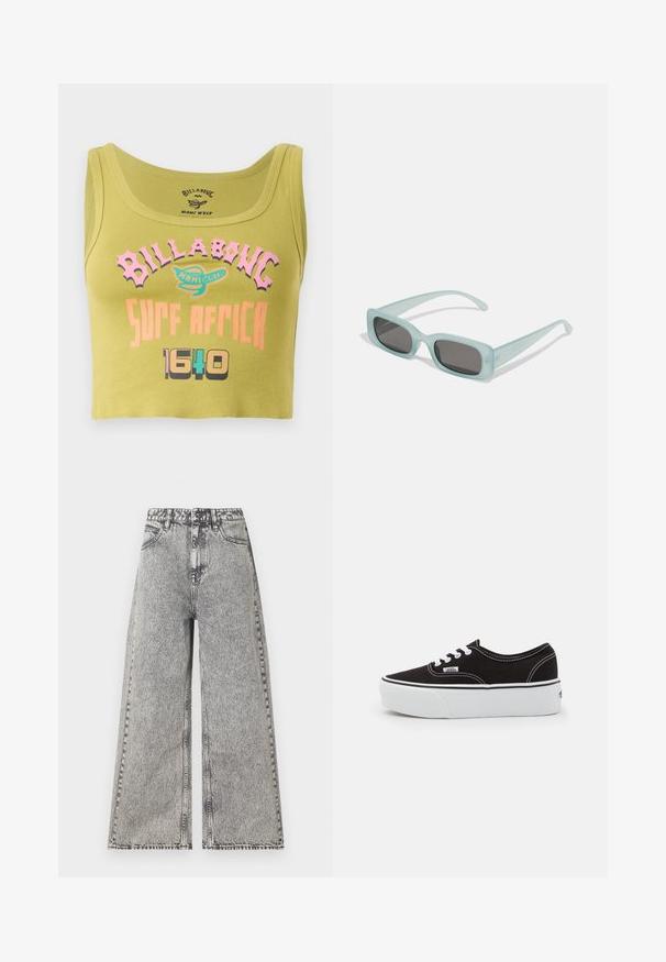 Top corto verde con texto en rosa, naranja y multicolores que dice "Billabong Surf Africa 1640" y un pequeño logo en el centro del frente.; Jeans de pierna ancha en denim negro desgastado, con una cintura alta, diseño clásico de cinco bolsillos y detalles de costura visibles.; Zapatilla de lona negra con suela de plataforma de goma blanca, que presenta cordones y costuras blancas, con branding icónico en el lateral, diseño de corte bajo.; Un par de gafas de sol rectangulares con montura translucida azul clara y lentes gris oscuro, que cuentan con patillas rectas y detalles de hardware mínimos.