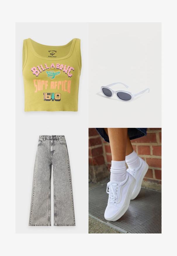 Top corto verde con texto en rosa, naranja y multicolores que dice "Billabong Surf Africa 1640" y un pequeño logo en el centro del frente.; Jeans de pierna ancha en denim negro desgastado, con una cintura alta, diseño clásico de cinco bolsillos y detalles de costura visibles.; Zapatillas de lona blancas con suelas de goma, que presentan seis ojales, puntera redonda y detalles de costura ligera, combinadas con calcetines blancos hasta el tobillo.; Gafas de sol ovaladas con montura blanca y lentes tintadas oscuras descansando sobre una superficie blanca.