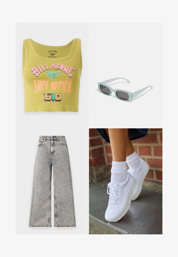 Top corto verde con texto en rosa, naranja y multicolores que dice "Billabong Surf Africa 1640" y un pequeño logo en el centro del frente.; Jeans de pierna ancha en denim negro desgastado, con una cintura alta, diseño clásico de cinco bolsillos y detalles de costura visibles.; Zapatillas de lona blancas con suelas de goma, que presentan seis ojales, puntera redonda y detalles de costura ligera, combinadas con calcetines blancos hasta el tobillo.; Un par de gafas de sol rectangulares con montura translucida azul clara y lentes gris oscuro, que cuentan con patillas rectas y detalles de hardware mínimos.