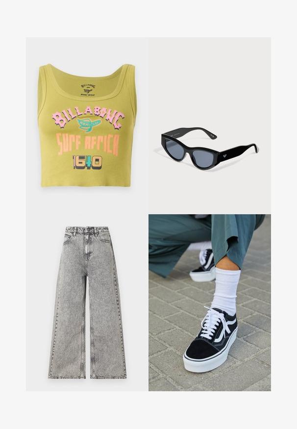 Top corto verde con texto en rosa, naranja y multicolores que dice "Billabong Surf Africa 1640" y un pequeño logo en el centro del frente.; Jeans de pierna ancha en denim negro desgastado, con una cintura alta, diseño clásico de cinco bolsillos y detalles de costura visibles.; Zapatillas de ante negro con acentos y cordones blancos, que cuentan con una gruesa suela blanca y costuras en contraste, combinadas con un calcetín blanco.; Gafas de sol negras con forma de ojo de gato, lentes oscuras y patillas gruesas, con un pequeño logo blanco en un lado.