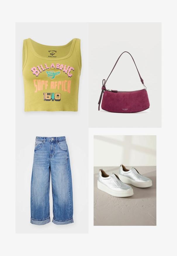 Grøn cropped tank top med pink, orange og multicolorer "Billabong Surf Africa 1640" tekst og et lille logo i midten foran.; BDG Urban Outfitters JAYA - Jeans Relaxed Fit - light vintage; Sølv slip-on sko med tekstureret finish, rund tå og en tykk hvid platformssål; har elastiske sidepaneler og en trækflap.; Lilla ruskind taske med en buet form, læder skulderrem og sølvlynlås. Brandnavnet "kate spade" vist på forsiden.