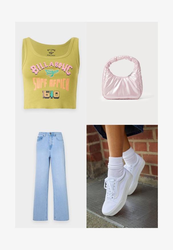 Groen geknipt tanktop met roze, oranje en multicolor "Billabong Surf Africa 1640" tekst en een klein logo op de voorkant in het midden.; Lichtblauwe high-waisted jeans met een wijd uitlopende pasvorm, gemaakt van denim. Kenmerkt zich door opvallende stiksels en een vijf-pocket styling.; Witte canvas sneakers met rubberen zolen, voorzien van zes vetertjes, een ronde neus en lichte stikdetails, gecombineerd met witte enkelsokken.; Roze, gevoerde handtas met een afgeronde vorm, gemaakt van glanzend materiaal. Beschikt over een geplooide handgreep en een ritssluiting voor veilige toegang.