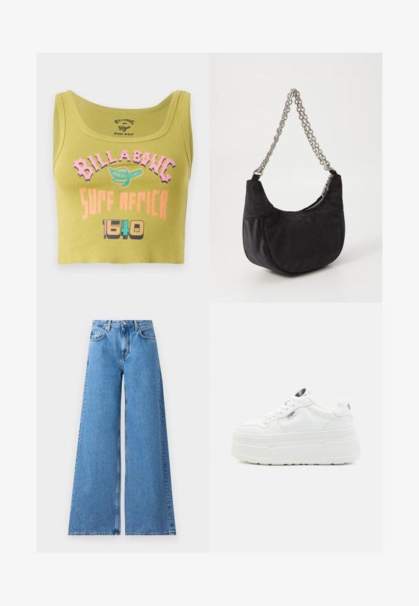 Top corto verde con texto en rosa, naranja y multicolores que dice "Billabong Surf Africa 1640" y un pequeño logo en el centro del frente.; Jeans de mezclilla azul de pierna ancha con una cintura alta, que presentan un diseño clásico de cinco bolsillos y costuras a lo largo de los lados para un detalle adicional.; Zapatillas de plataforma blancas con un exterior sintético liso, punta redondeada, cuello acolchado y suela texturizada. Presenta una etiqueta de logo en contraste.; Juicy Couture KIMBERLY SMALL HOBO - Bolso de mano - black