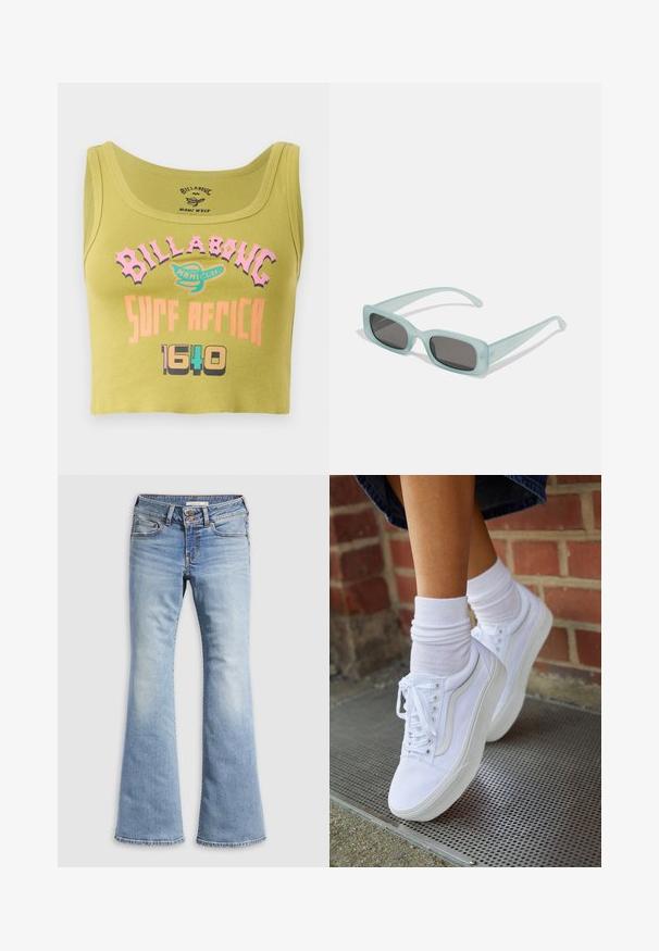 Grøn cropped tank top med pink, orange og multicolorer "Billabong Surf Africa 1640" tekst og et lille logo i midten foran.; Lyseblå vidde jeans lavet af denim. Har knaplukning, fem lommer og falmet tekstur med sømløse kanter.; Hvide lærreds sneakers med gummisåler, der har seks snørehuller, rund tå og let sømdetaljer, krydret med hvide ankelstrømper.; Et par rektangulære solbriller med lyseblå gennemsigtige stel og mørkegrå linser, der har lige templer og minimale hardware detaljer.