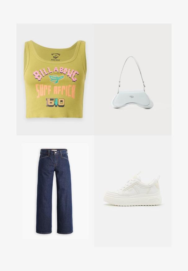 Grøn cropped tank top med pink, orange og multicolorer "Billabong Surf Africa 1640" tekst og et lille logo i midten foran.; Mørkeblå denim jeans med høj talje, bred benklipp og diskret orange syninger. Har knap- og lynlåslukning foran.; Hvide lædersneakers med en kraftig sål, snørebåndsdesign og subtil branding. Har en glat overflade og rund tå.; Hvid patentlæder skuldertaske med et buet design, sølvhardware og en diskret logoaccent på fronten. Justerbar strop medfølger.