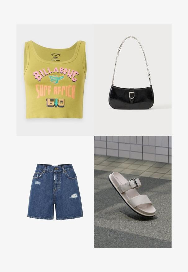 Grøn cropped tank top med pink, orange og multicolorer "Billabong Surf Africa 1640" tekst og et lille logo i midten foran.; Denim shorts i mørkeblå med en falmet vask. Har slidte lapper, en standard talje og klassisk fem-lomme design.; Beige åben-tå slide-sandal med to brede stropper, hvoraf den ene har en metal spænde, på tekstureret gråt fortov nær flisebelagt væg.; Sort skuldertaske i laklæder med sølv spænde og sølv kæderem, vist mod en ensartet lys baggrund.
