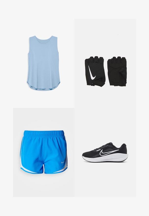 Haut sans manches bleu clair avec un col rond, présentant un design perforé et une silhouette décontractée et évasée. Texture de tissu lisse.; Shorts de sport bleus avec une ceinture élastique, des accents blancs sur les côtés et un logo argenté à l'avant gauche. Tissu lisse et léger.; Chaussure de sport noire avec une tige en maille, accents blancs, semelle rembourrée et un design épuré. Caractérisée par un bout arrondi et une semelle extérieure plate.; Gants de gym sans doigts noirs en tissu respirant, avec un logo blanc Nike, des paumes rembourrées et un design ouvert au niveau du poignet pour plus de flexibilité.