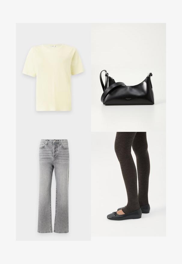 T-shirt unisexe à manches courtes et col rond, de couleur jaune clair uni, présenté sur un fond blanc.; Jean en denim gris avec une coupe droite, taille mi-haute, cinq poches, et un léger dégradé pour donner de la texture. Détails en métal pour le bouton et les coutures.; Jambes portant des leggings côtelés foncés associés à des ballerines noires avec de petits détails en nœud sur fond blanc.; Sac à main en cuir noir avec une texture lisse. Dispose d'une bandoulière adjustable et d'un design élégant et minimaliste avec une fermeture éclair.