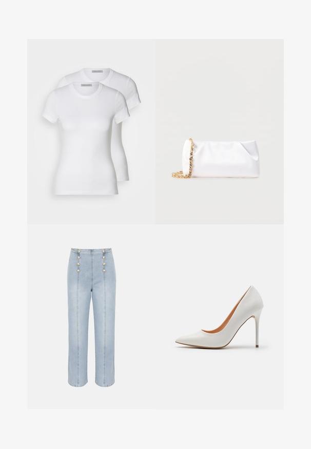 Twee witte katoenen t-shirts met korte mouwen, ronde halslijnen en een getailleerd silhouet, met een zachte textuur en minimalistisch ontwerp.; Lichtblauwe jeans met hoge taille en wijde pijpen, met twee verticale rijen van zes parelachtige knopen aan de voorkant.; Witte gepolijste leren hoge hakpump met een spitse neus en slanke stilettohak, met een gladde textuur en een beige interieur.; Witte zachte clutchtas met goudkleurige kettingriem versierd met heldere edelstenen, geplaatst tegen een effen lichtgrijze achtergrond.