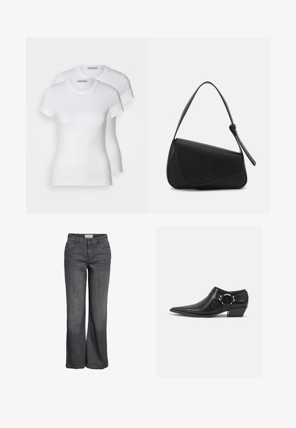 Deux t-shirts en coton blanc à manches courtes, à encolure ronde et à coupe ajustée, présentant une texture lisse et un design minimaliste.; Jean large en denim gris foncé. Caractéristiques : taille haute, design traditionnel à cinq poches et ourlet net sans embellissements.; Bottines en cuir noir avec un bout pointu, présentant une sangle en cuir à l'avant et un détail de boucle en argent, ainsi qu'un petit talon carré.; Sac à main en cuir noir de forme triangulaire, avec un rabat incliné et une poignée supérieure arrondie. Il présente une texture lisse et des détails de design minimalistes.