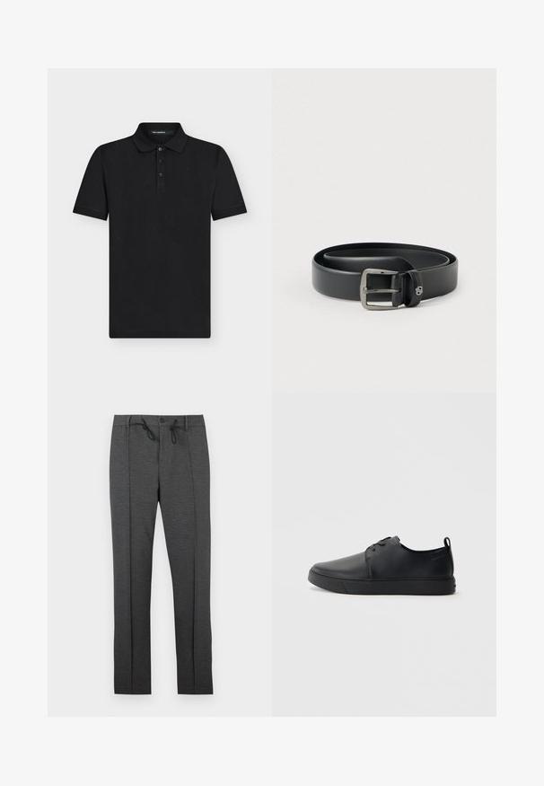 Polo noir à manches courtes avec trois boutons et un subtil motif ton sur ton "KL", col et étiquette Karl Lagerfeld à l'intérieur du col.; Pantalon gris foncé à jambes droites avec plis à l'avant, fermeture par bouton, et cordons de serrage noirs à la taille sur fond blanc.; Baskets en cuir noir avec une finition lisse, bout arrondi, coutures ton sur ton, devant à lacets et semelle plate en caoutchouc. Anse au talon.; Ceinture en cuir noir avec une boucle en métal argenté brillante, texture lisse et bords cousus. Dispose d'une boucle pour fixer l'extrémité de la ceinture.