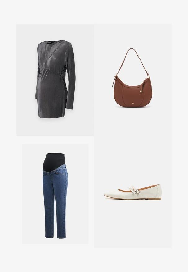 Zwart en zilver gestreepte zwangerschapsjurk met een V-hals, lange mouwen en een empire taille, ontworpen voor comfort en stijl tijdens de zwangerschap.; Zwangerschapsjeans met blauwe denim benen en een zwart rekbaar buikpaneel, ontworpen om een groeiende buik te ondersteunen en te bedekken.; Witte patenten leren ballerina's met een puntige neus, twee decoratieve banden met zilveren gespen en een subtiele bruine zool.; Bruine faux leren schoudertas met een gebogen vorm, minimale stiksels en een gouden hardware-accent. Voorzien van een bovenste ritsluiting en een verstelbare schouderband.