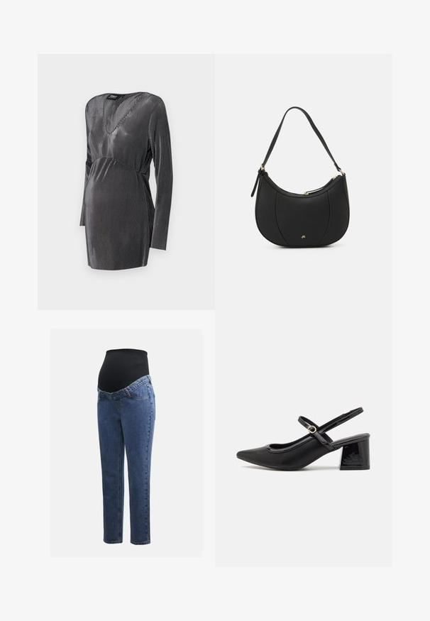 Zwart en zilver gestreepte zwangerschapsjurk met een V-hals, lange mouwen en een empire taille, ontworpen voor comfort en stijl tijdens de zwangerschap.; Zwangerschapsjeans met blauwe denim benen en een zwart rekbaar buikpaneel, ontworpen om een groeiende buik te ondersteunen en te bedekken.; Zwarte gepolijste leren slingback hakken met een spitse neus, een ronde uitsnede en een blokhak. Voorzien van een gouden gespaccent.; Zwarte leren handtas met een gebogen vorm, textuuroppervlak, voornaden en een logo in goudkleur. Beschikt over een enkele verstelbare schouderband.
