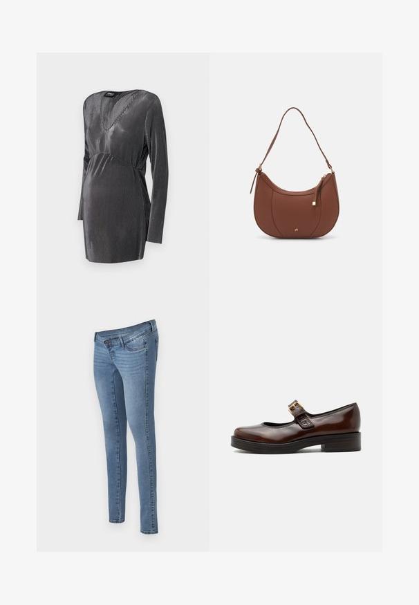 Zwart en zilver gestreepte zwangerschapsjurk met een V-hals, lange mouwen en een empire taille, ontworpen voor comfort en stijl tijdens de zwangerschap.; MAMALICIOUS Skinny fit maternity Mid waist - Jeans Skinny Fit - medium blue denim; Donkerbruine Mary Jane-schoen met glanzende afwerking, afgeronde neus, lage blokhak en gouden gesp over de wreef.; Bruine faux leren schoudertas met een gebogen vorm, minimale stiksels en een gouden hardware-accent. Voorzien van een bovenste ritsluiting en een verstelbare schouderband.