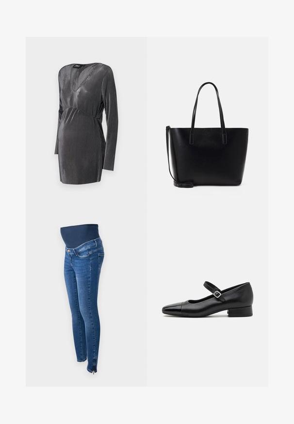 Zwart en zilver gestreepte zwangerschapsjurk met een V-hals, lange mouwen en een empire taille, ontworpen voor comfort en stijl tijdens de zwangerschap.; Zwangerschapsjeans in donkerblauwe denim. Slim fit met een rekbare, ondersteunende buikband. Voorzien van zijritsen bij de enkel.; Zwarte leren Mary Jane schoenen met een gepatenteerde neus, verstelbare enkelband en lage blokhak. Een gladde textuur en een elegante uitstraling.; Zwarte leren tote bag met twee lange handvatten, een gestructureerde vorm, een gladde textuur en een afneembare schouderband. Subtiele merkvermelding.