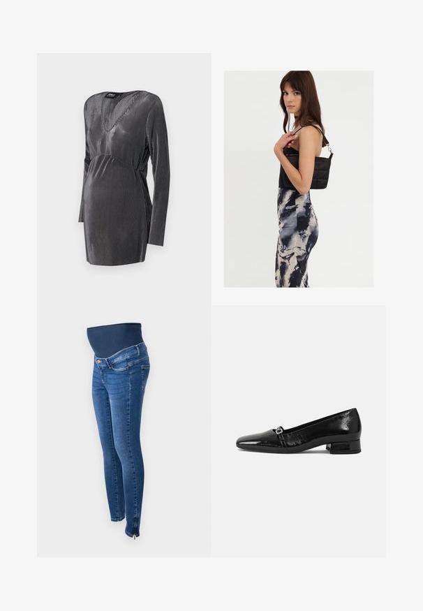 Zwart en zilver gestreepte zwangerschapsjurk met een V-hals, lange mouwen en een empire taille, ontworpen voor comfort en stijl tijdens de zwangerschap.; Zwangerschapsjeans in donkerblauwe denim. Slim fit met een rekbare, ondersteunende buikband. Voorzien van zijritsen bij de enkel.; Zwarte laarzen van gepatenteerd leer met een puntige neus, een lage vierkante hak en een kleine metalen gespdetail op de band. Gladde textuur.; Zwarte gewatteerde schoudertas met een enkele strap en zilveren hardware, gecombineerd met een fitted, tie-dye patroon jurk in tinten zwart en crème.