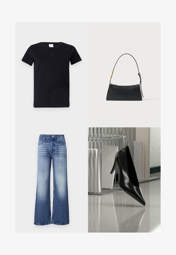 Sort bomulds t-shirt med rund hals og korte ærmer. Har et diskret broderet logo på brystet. Blød, glat tekstur.; Lysblå brede jeans lavet af denim, med høj talje, falmede tekstur og mærke patch på baglommen.; Sort højhælet sko med spids tå og guldlogo, placeret på en reflekterende overflade nær en krom trådfilholder med dokumenter.; Sort læderhåndtaske med en guldlås og justerbar rem med gyldne rektangulære detaljer på en hvid baggrund.
