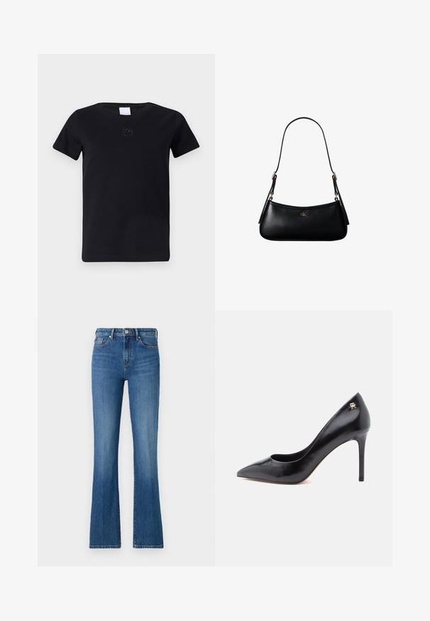 Sort bomulds t-shirt med rund hals og korte ærmer. Har et diskret broderet logo på brystet. Blød, glat tekstur.; Blå flagrende jeans lavet af denim, med høj talje, frontknaplukning og klassisk fem-lomme design med subtile falmning detaljer.; Sort læderpump med høje hæle og spids tå, der har et udskåret design og en lille gulddetalje med logo på hælen.; Sort læder mini skuldertaske med tynd rem og lille gyldent CK-logo på fronten i midten.