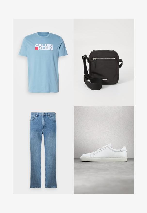 Camiseta de algodón de color azul claro con un destacado logotipo gráfico en blanco y rojo, con un cuello redondo clásico y mangas cortas.; Vaqueros de mezclilla azul claro con corte recto, cinco bolsillos, cierre con cremallera y costuras en contraste. La tela tiene un acabado liso y texturizado.; Zapatilla blanca con parte superior de cuero liso y perfil bajo. Presenta una puntera redondeada, seis ojales y una suela de goma texturizada.; Bolso crossbody negro hecho de nylon duradero. Cuenta con un bolsillo frontal con cremallera, correa ajustable y un acento de metal plateado. Forma cuadrada.
