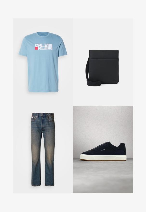 Camiseta de algodón de color azul claro con un destacado logotipo gráfico en blanco y rojo, con un cuello redondo clásico y mangas cortas.; Vaqueros de tiro alto en denim azul, con un diseño de pierna recta, parches desgastados y descoloridos, y un estilo tradicional de cinco bolsillos.; Zapatilla negra de Calvin Klein con suela blanca, cordones azul marino, mostrada en el aire con un fondo de suelo gris y pared de bloques de vidrio.; Bolso cruzado negro hecho de tela texturizada, con un diseño rectangular simple, correa ajustable y un logo en la parte frontal.