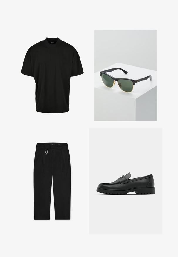 Schwarzes T-Shirt mit kurzen Ärmeln und Rundhalsausschnitt, aus weichem Stoff, mit lockerer Passform und ohne sichtbare Muster oder Akzente.; Schwarze Hose mit geradem Bein-Design, ausgestattet mit einem silbernen Karabinerclip und zwei Seitentaschen. Hergestellt aus glattem Stoff.; Schwarze Lederloafer mit runder Zehenform, ausgestattet mit einem gesteppten Design, niedrigem Plattformsohle und einer strukturierten, genoppten Gummisohle.; Ray-Ban Sonnenbrillen mit grünen Gläsern, schwarzen Kunststoffrahmen und goldenen Akzenten an den Rändern. Quadratische Form mit matter Oberfläche.