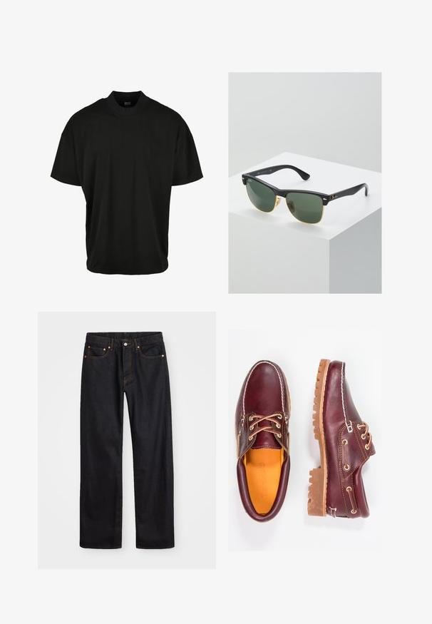 Schwarzes T-Shirt mit kurzen Ärmeln und Rundhalsausschnitt, aus weichem Stoff, mit lockerer Passform und ohne sichtbare Muster oder Akzente.; Herren gerade geschnittene schwarze Jeans aus Denim mit fünf Taschen und orangefarbenen Nähten, Knopf- und Reißverschluss vorne am Bund.; Bordeauxfarbene Lederschuhe mit braunen Gummisohlen, runder Zehenform, weißen Nähten und goldenen Ösen. Das Innenfutter weist eine gelbe Beschichtung auf.; Ray-Ban Sonnenbrillen mit grünen Gläsern, schwarzen Kunststoffrahmen und goldenen Akzenten an den Rändern. Quadratische Form mit matter Oberfläche.